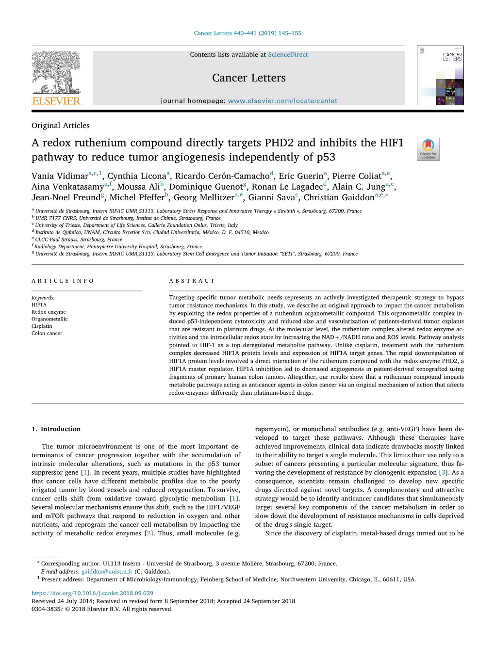 A Redox Ruthenium Compound Directly Targets PHD2 and Inhibits the HIF1 Pathway to Reduce Tumor Angiogenesis Independently of P53 T