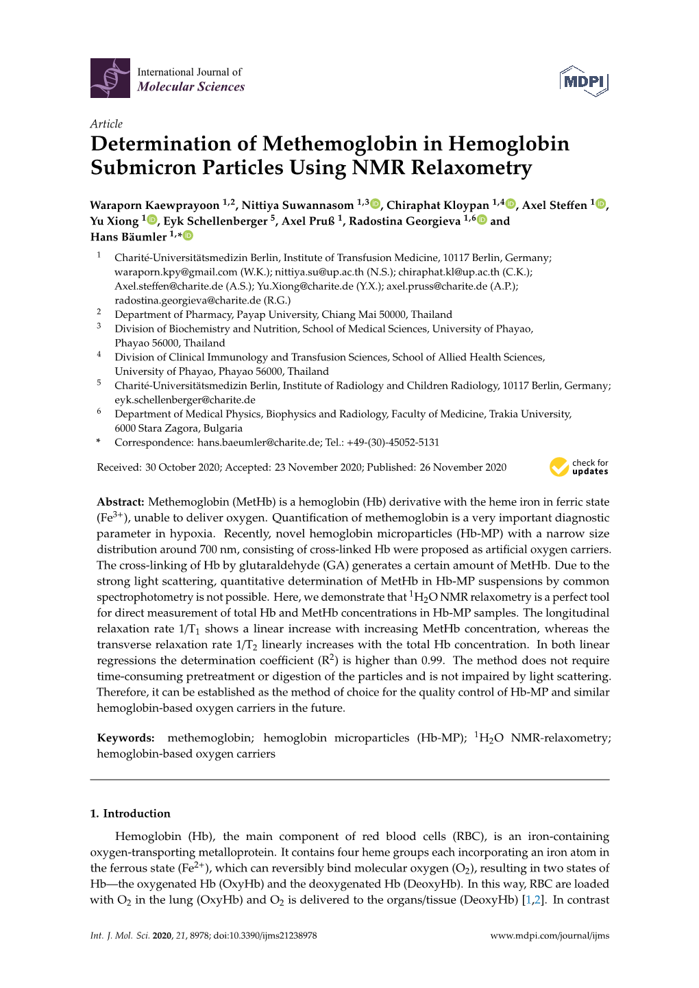 Determination of Methemoglobin in Hemoglobin Submicron Particles Using NMR Relaxometry