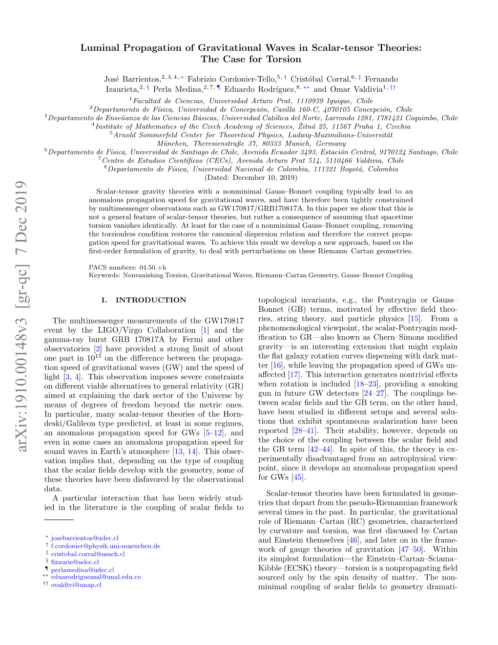 Arxiv:1910.00148V3 [Gr-Qc] 7 Dec 2019 Sound Waves in Earth’S Atmosphere [13, 14]