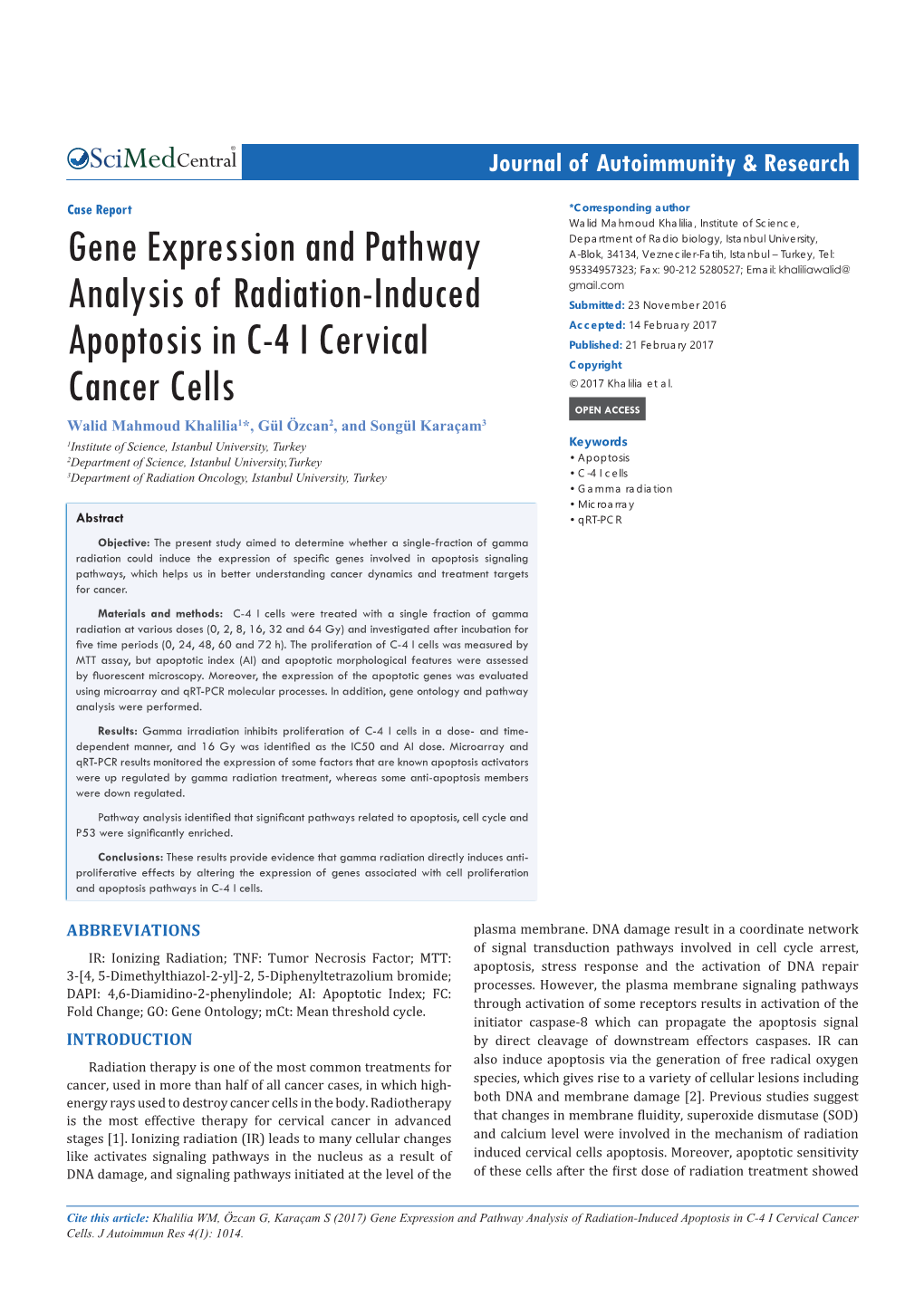 Gene Expression and Pathway Analysis of Radiation-Induced Apoptosis in C-4 I Cervical Cancer Cells