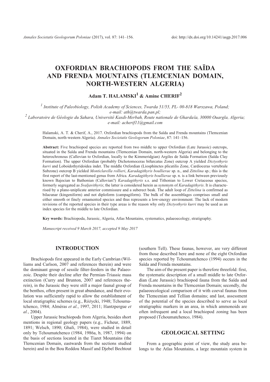Oxfordian Brachiopods from the Sa Da and Frenda