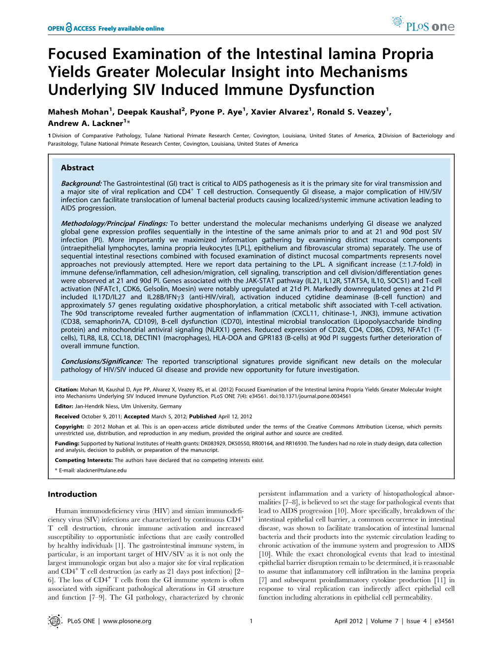 Focused Examination of the Intestinal Lamina Propria Yields Greater Molecular Insight Into Mechanisms Underlying SIV Induced Immune Dysfunction