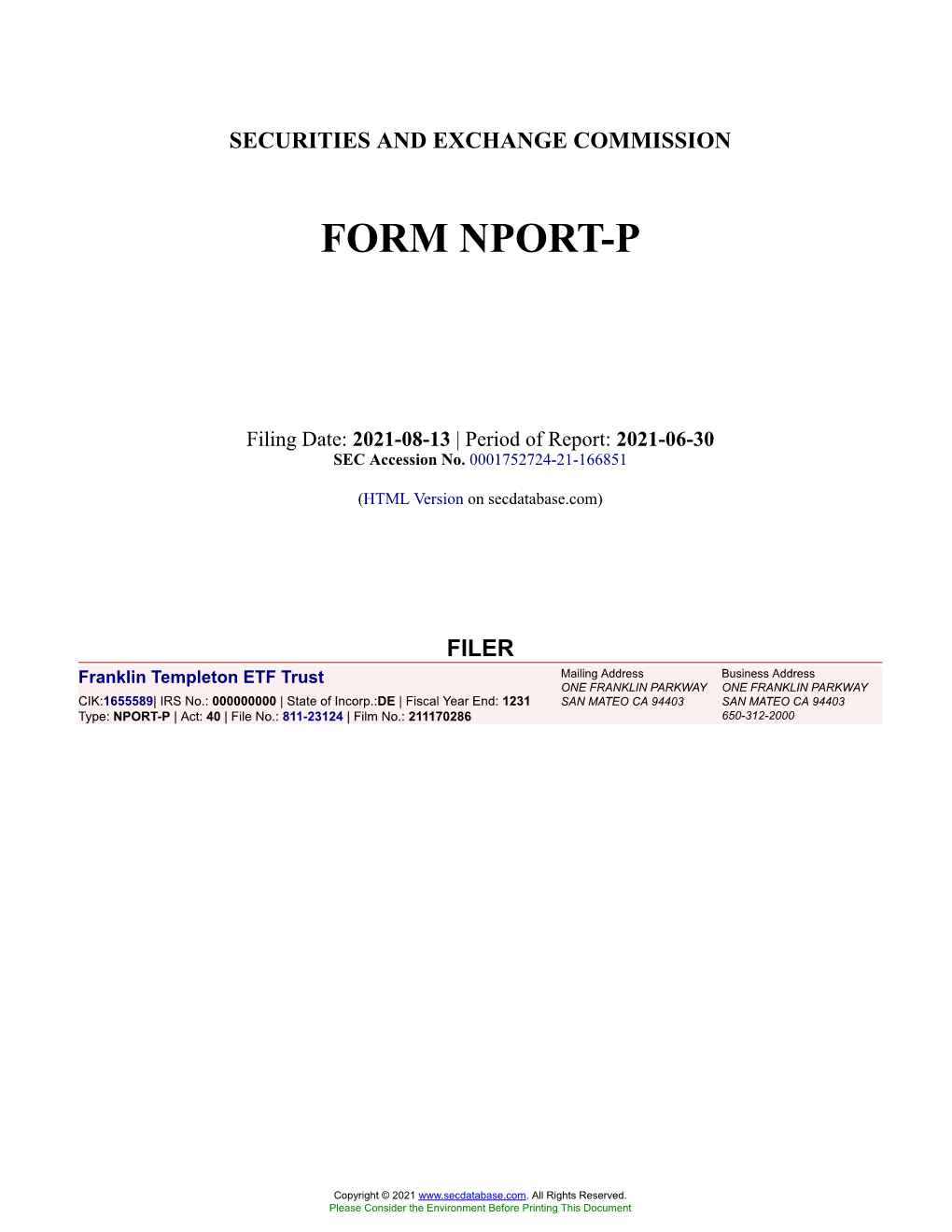 Franklin Templeton ETF Trust Form NPORT-P Filed 2021-08-13