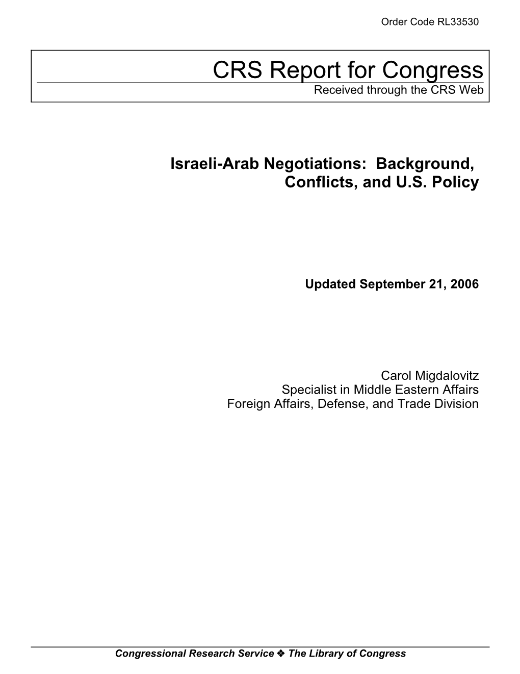 Israeli-Arab Negotiations: Background, Conflicts, and U.S