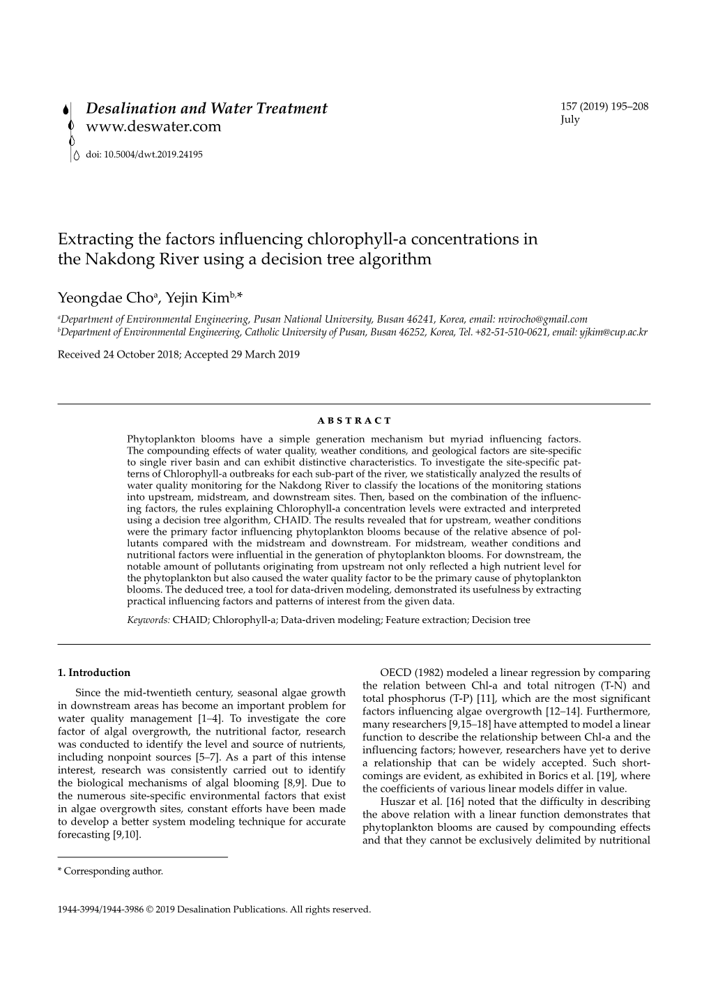 Extracting the Factors Influencing Chlorophyll-A Concentrations in the Nakdong River Using a Decision Tree Algorithm