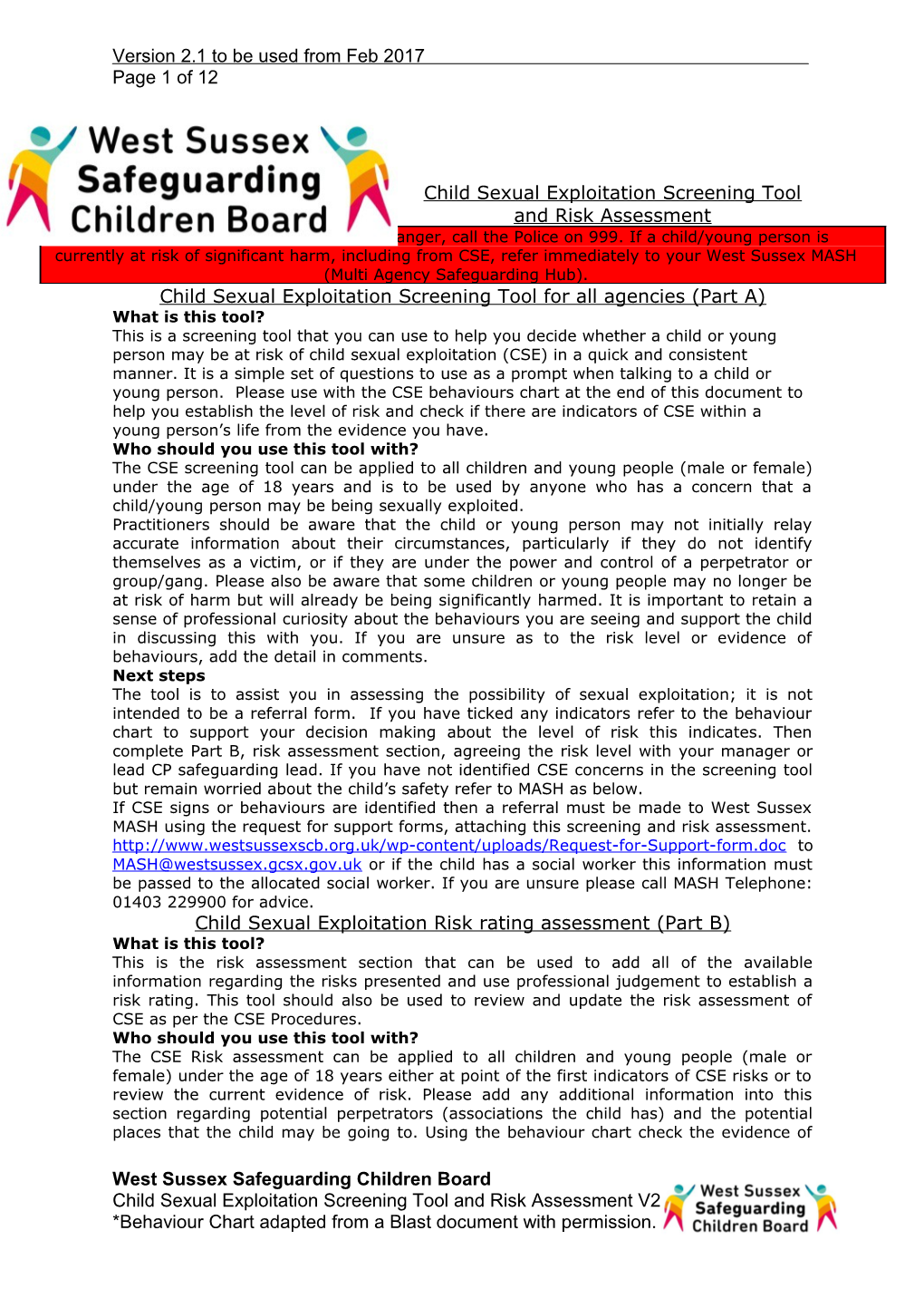 Child Sexual Exploitation Screening Tool and Risk Assessment