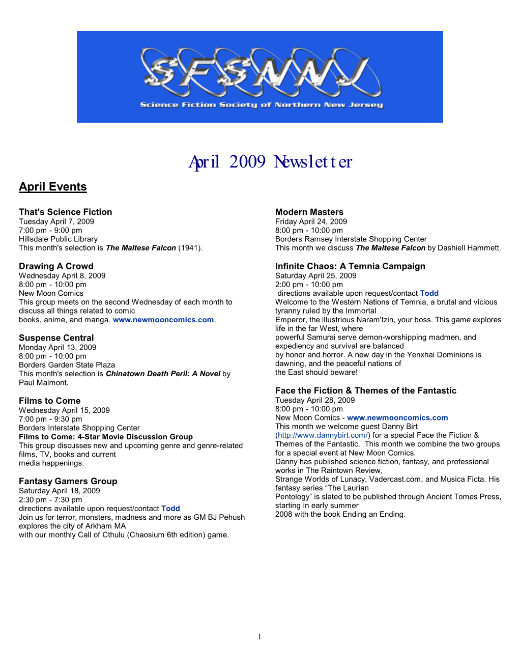 SFSNNJ Newsletter