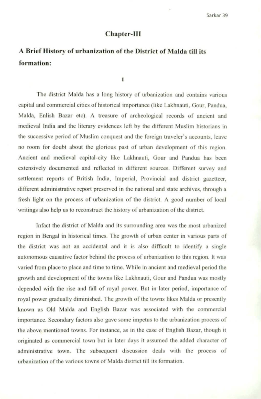 Chapter-Ill a Brief History of Urbanization of the District of Maida Till Its Formation