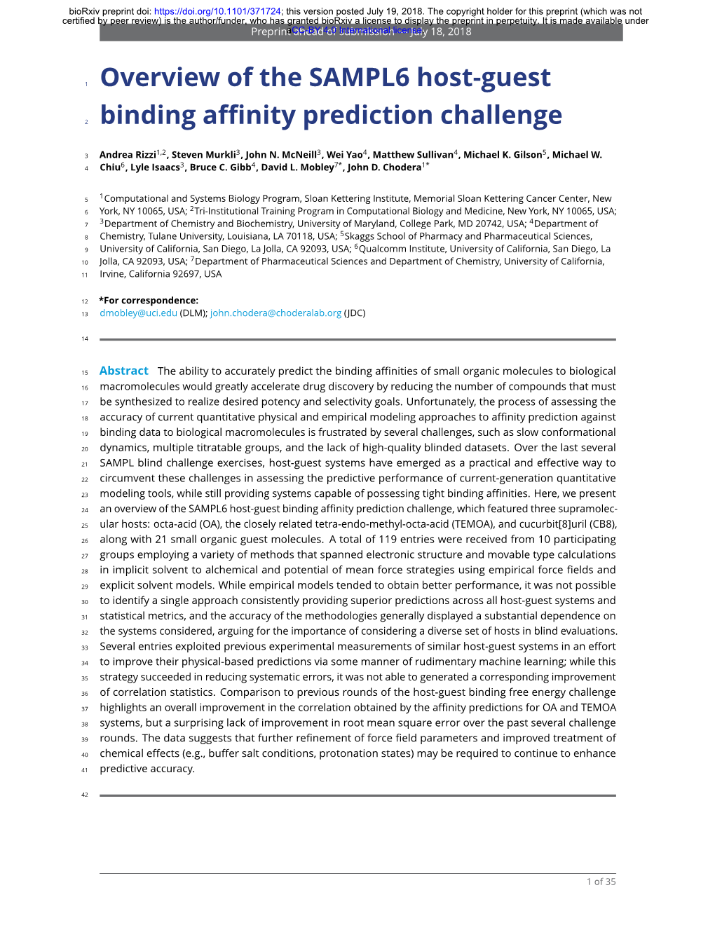 Overview of the SAMPL6 Host-Guest Binding Affinity Prediction Challenge