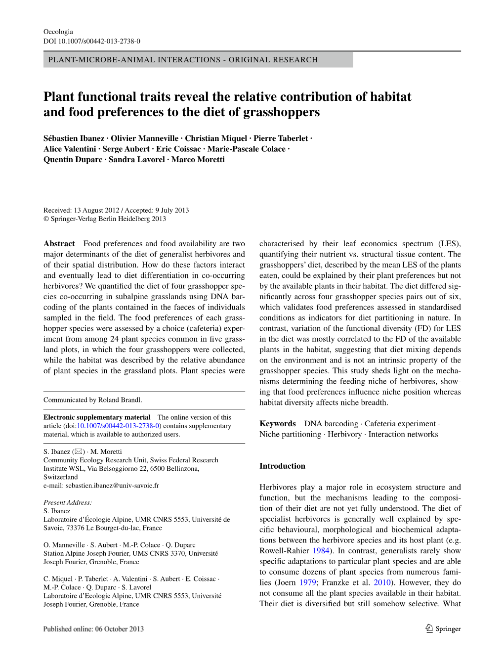 Plant Functional Traits Reveal the Relative Contribution of Habitat and Food Preferences to the Diet of Grasshoppers