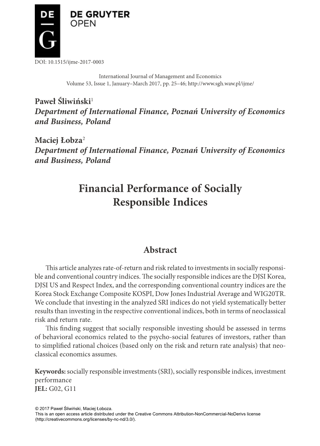 Financial Performance of Socially Responsible Indices