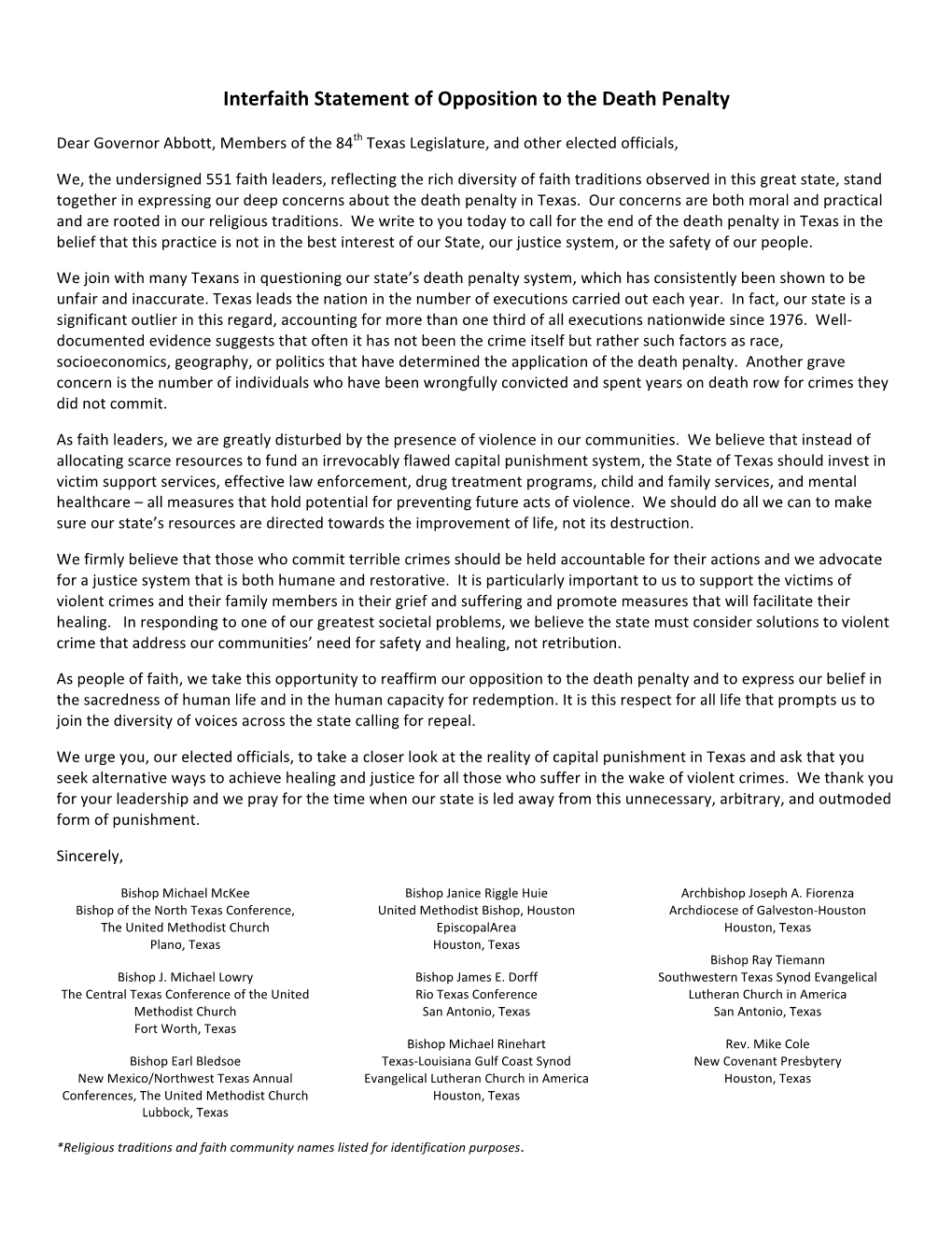 Interfaith Statement of Opposition to the Death Penalty