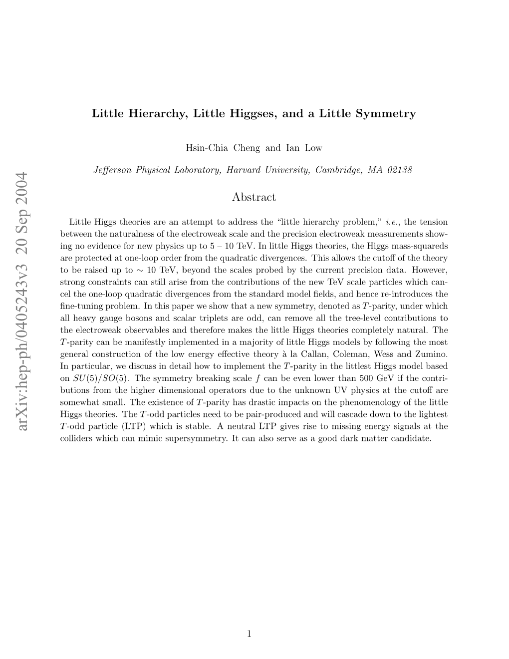 Arxiv:Hep-Ph/0405243V3 20 Sep 2004 Oldr Hc a Ii Uesmer.I a Losrea Serve Also Can It Supersymmetry