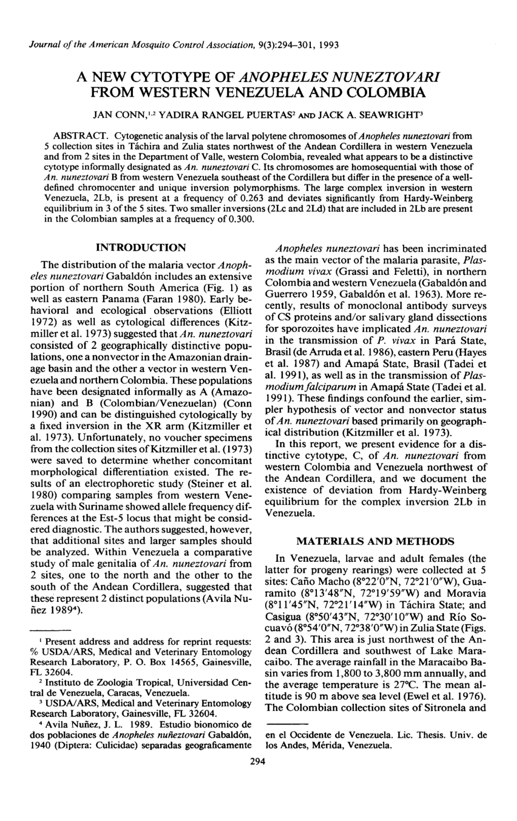 A New Cytotype of Anopheles Nuneztovari from Western Venezuela and Colombia