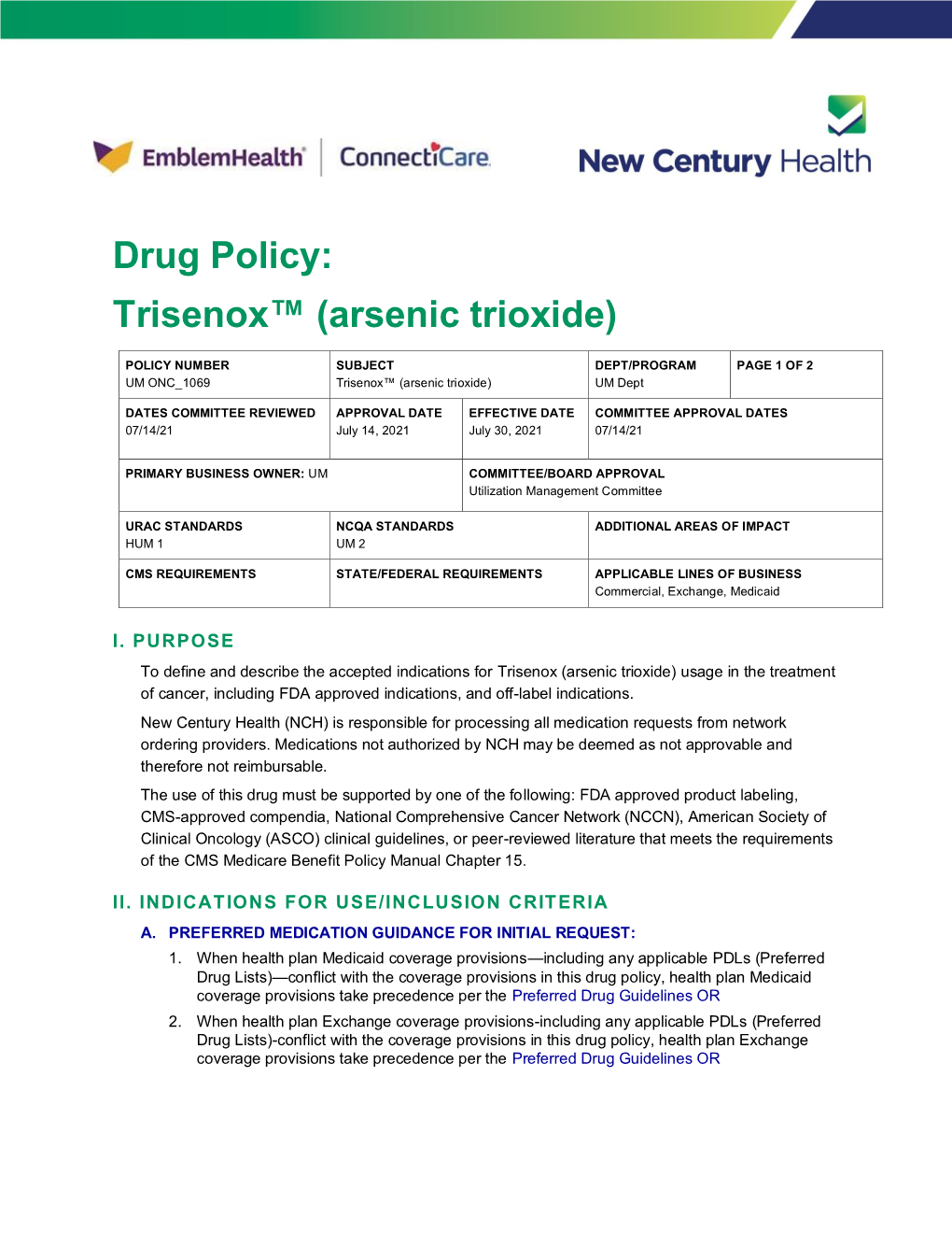 Pharmacy Policy: Trisenox (Arsenic Trioxide)