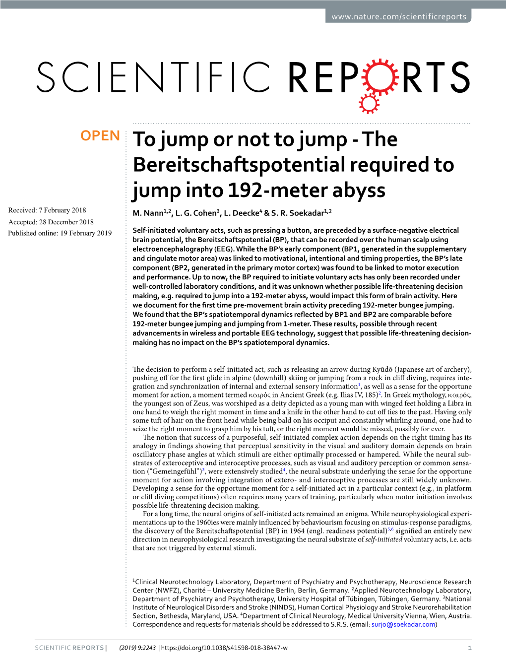 The Bereitschaftspotential Required to Jump Into 192-Meter Abyss Received: 7 February 2018 M