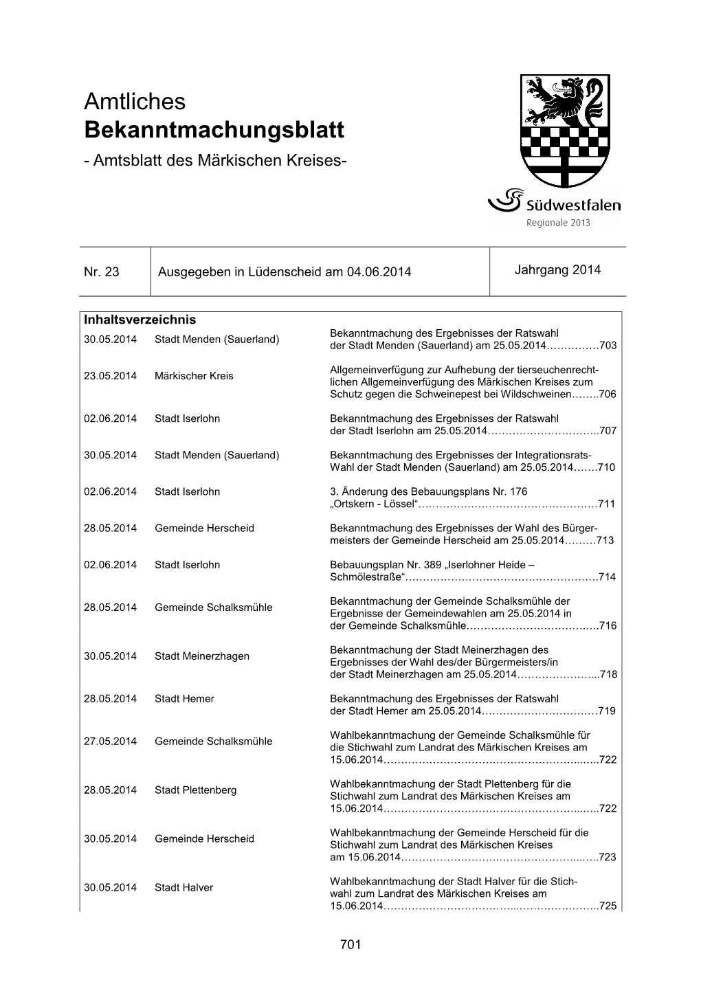 Amtliches Bekanntmachungsblatt - Amtsblatt Des Märkischen Kreises