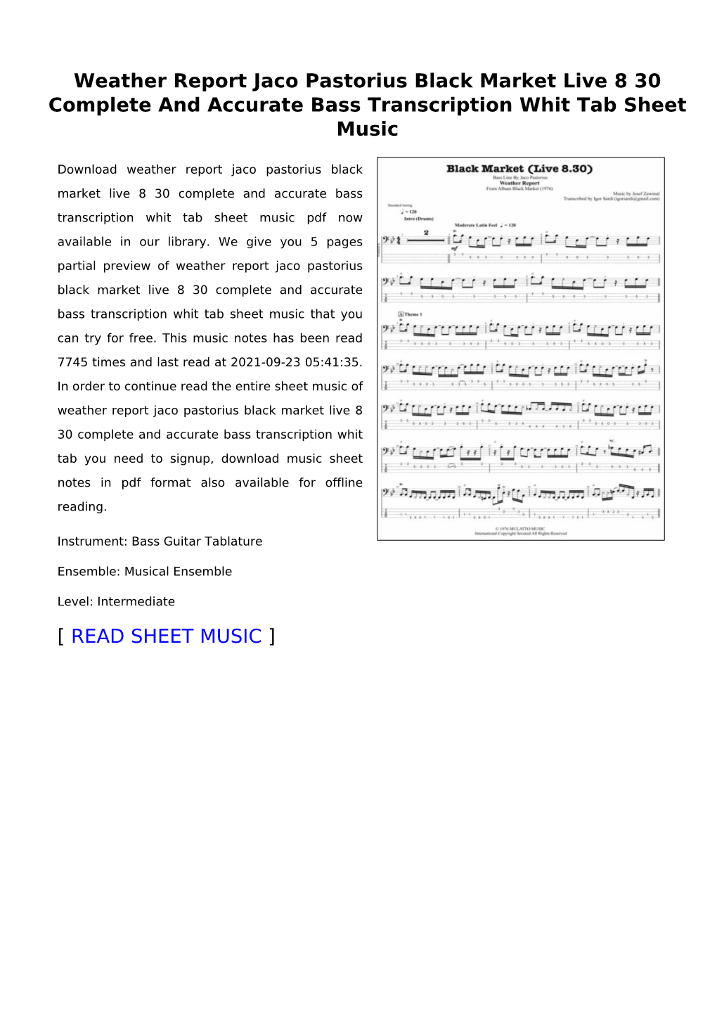 Weather Report Jaco Pastorius Black Market Live 8 30 Complete and Accurate Bass Transcription Whit Tab Sheet Music