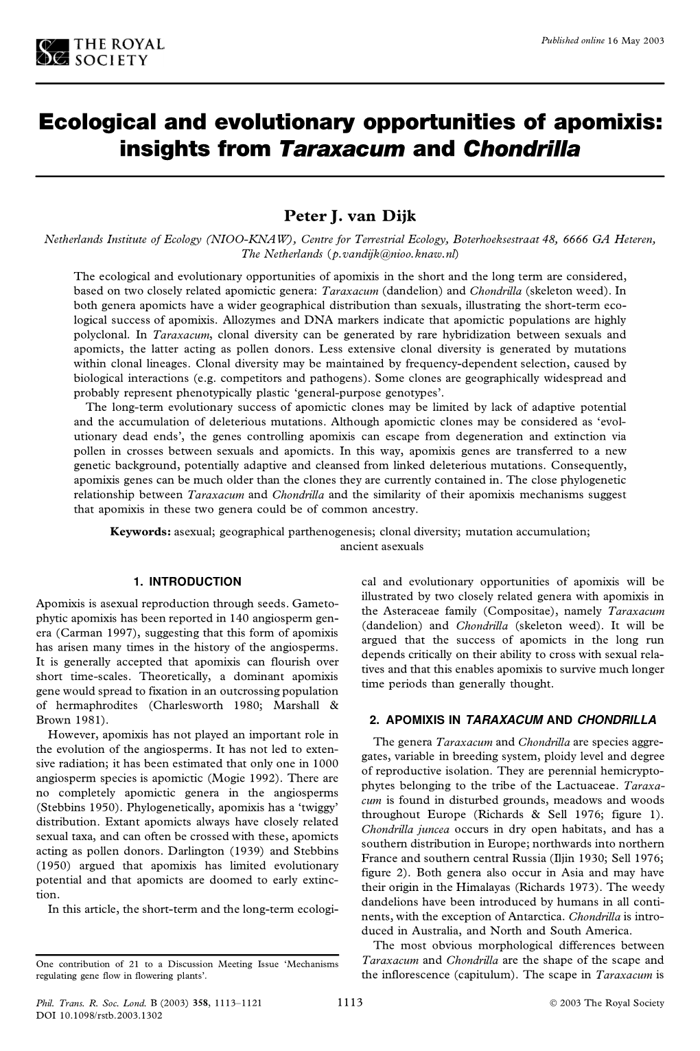 Ecological and Evolutionary Opportunities of Apomixis