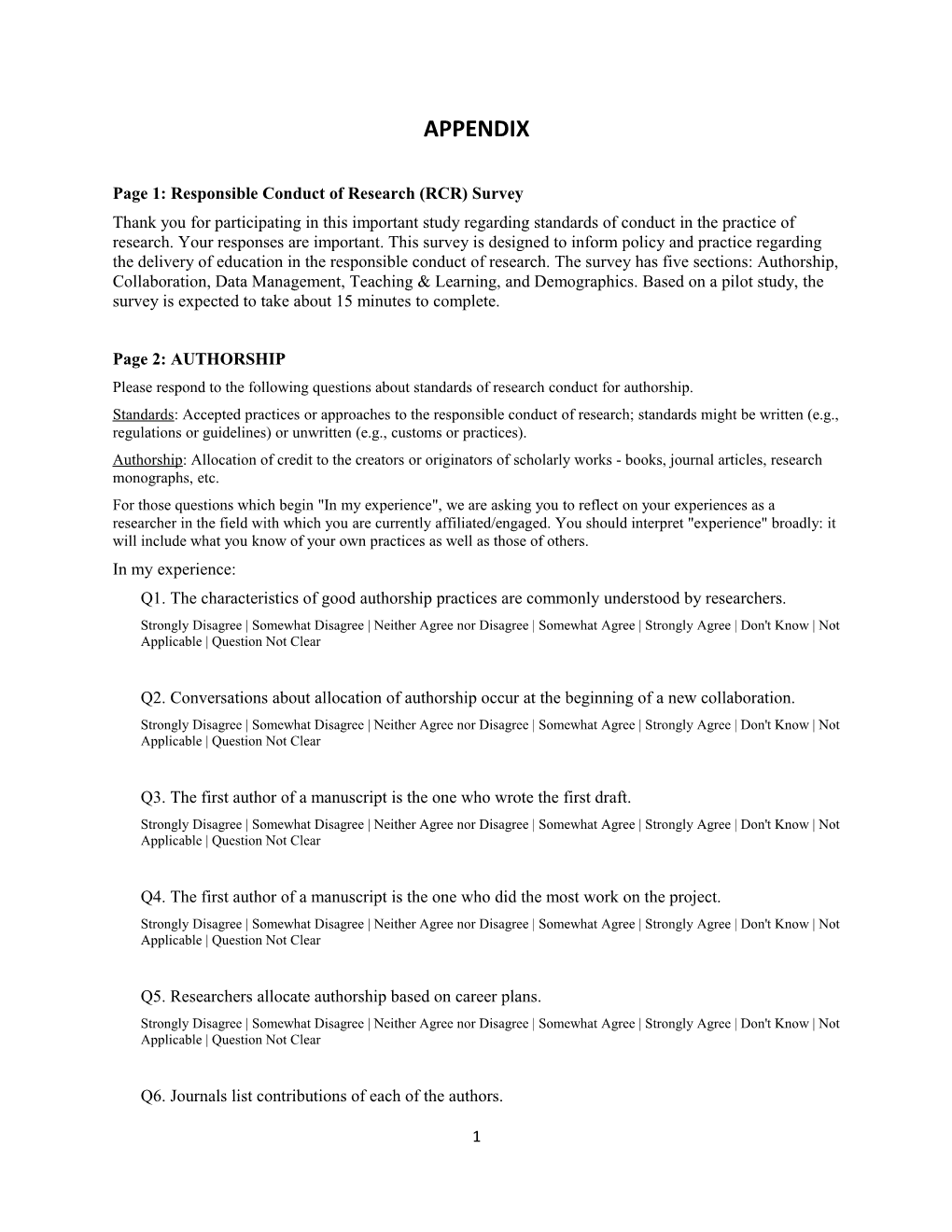 Page 1: Responsible Conduct of Research (RCR) Survey