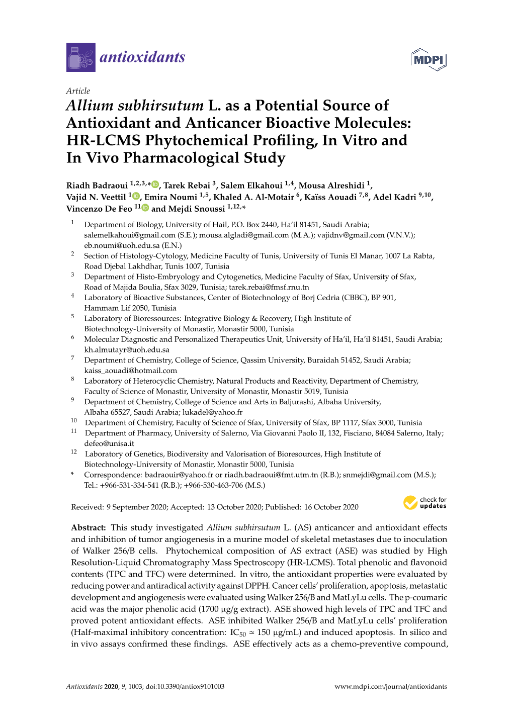 Allium Subhirsutum L. As a Potential Source of Antioxidant And