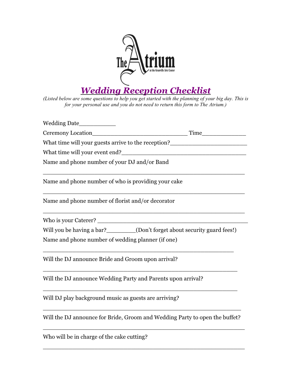 Wedding Reception Checklist (PDF)