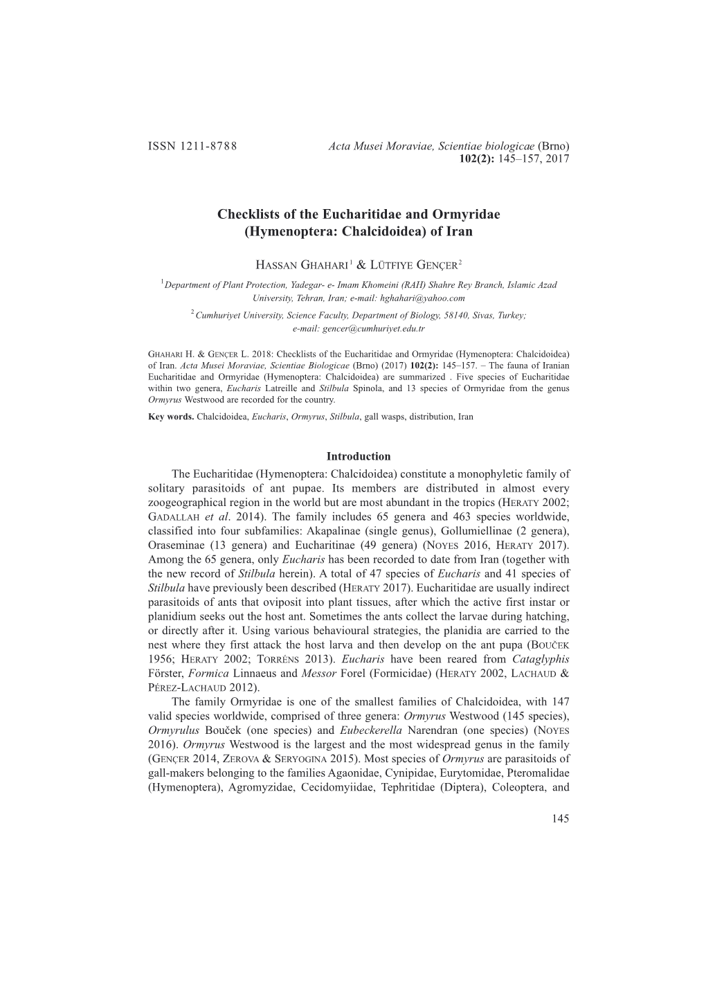 Checklists of the Eucharitidae and Ormyridae (Hymenoptera: Chalcidoidea) of Iran