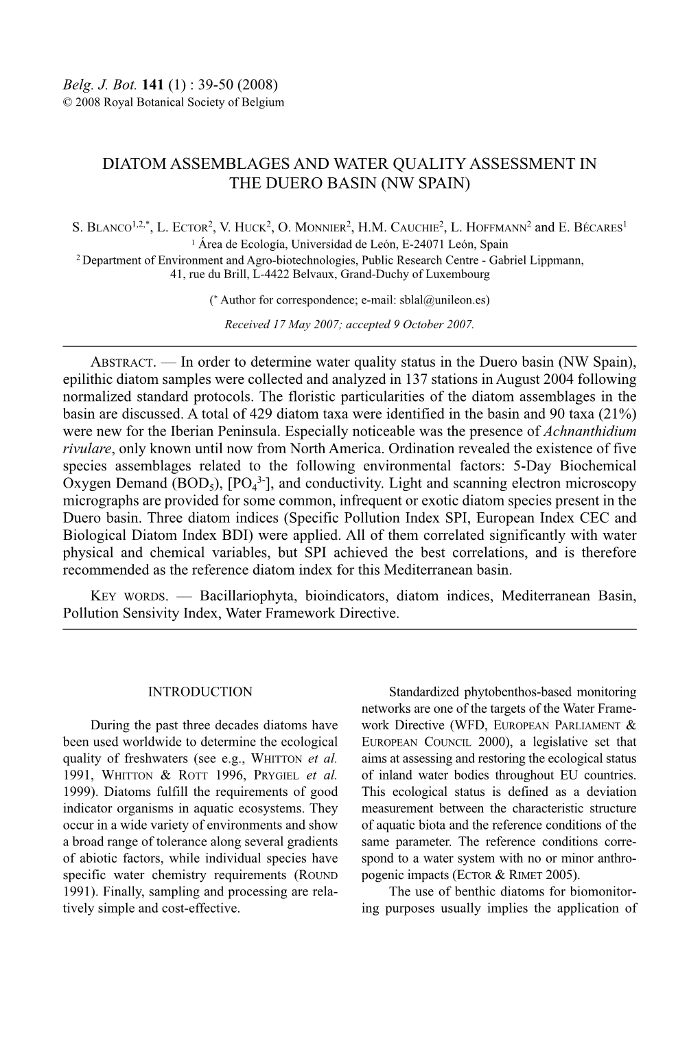 Diatom Assemblages and Water Quality Assessment in the Duero Basin (Nw Spain)