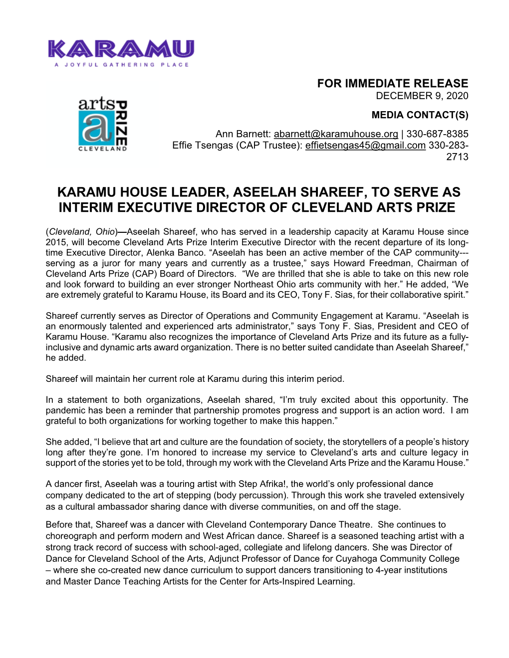 Karamu House Leader, Aseelah Shareef, to Serve As Interim Executive Director of Cleveland Arts Prize