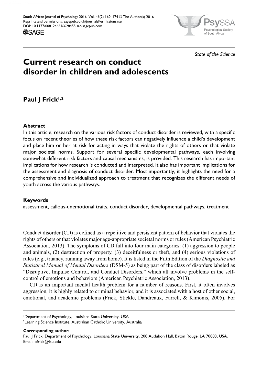 Current Research on Conduct Disorder in Children and Adolescents