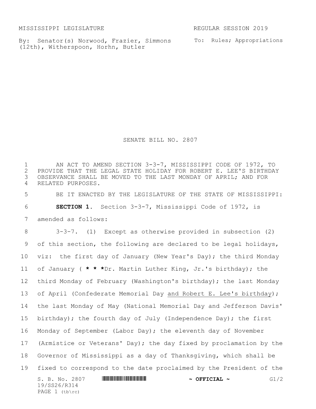 MISSISSIPPI LEGISLATURE REGULAR SESSION 2019 By