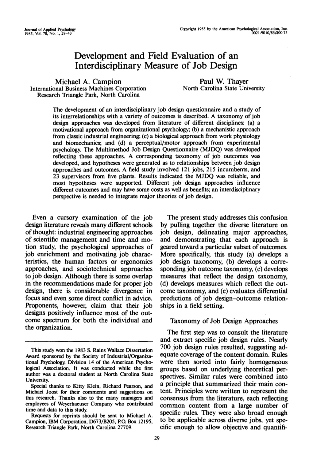 Development and Field Evaluation of an Interdisciplinary Measure of Job Design