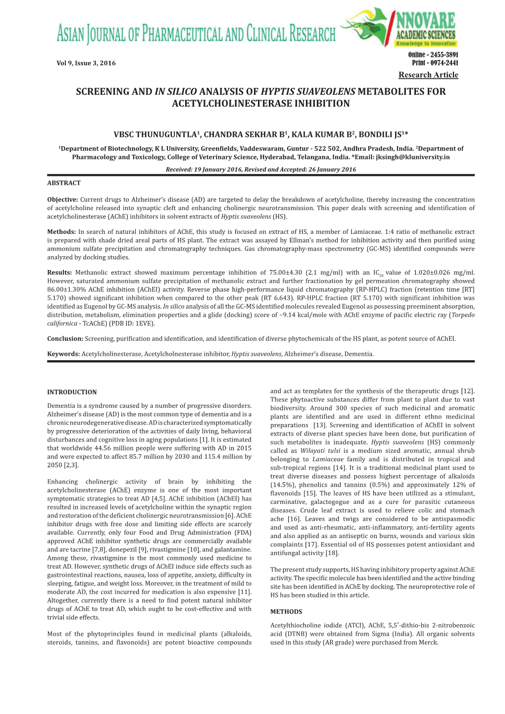 Screening and in Silico Analysis of Hyptis Suaveolens Metabolites for Acetylcholinesterase Inhibition