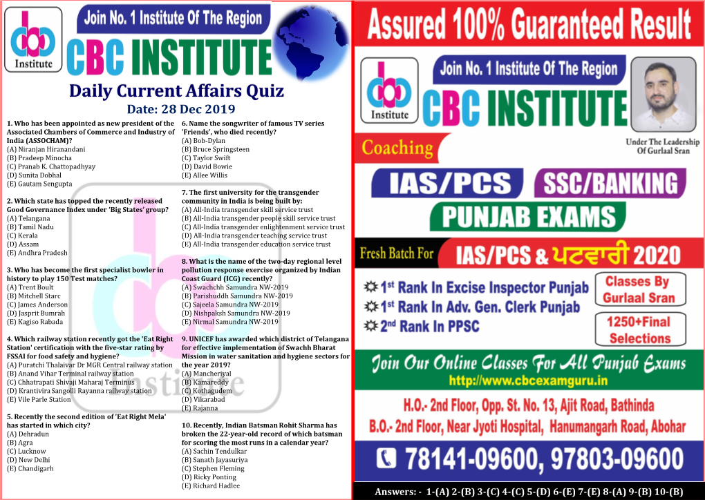 Daily Current Affairs Quiz Date: 28 Dec 2019 1