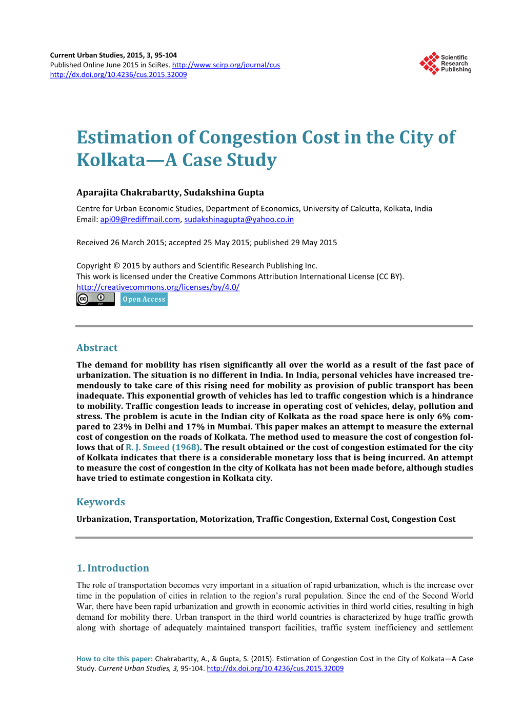 Estimation of Congestion Cost in the City of Kolkata—A Case Study