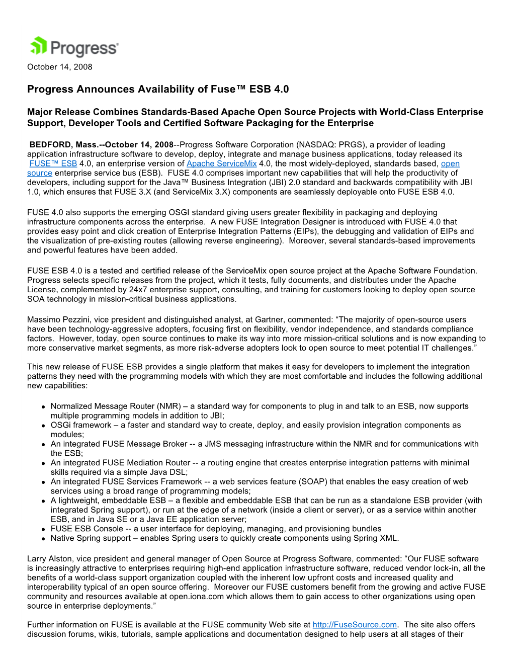 Progress Announces Availability of Fuse™ ESB 4.0