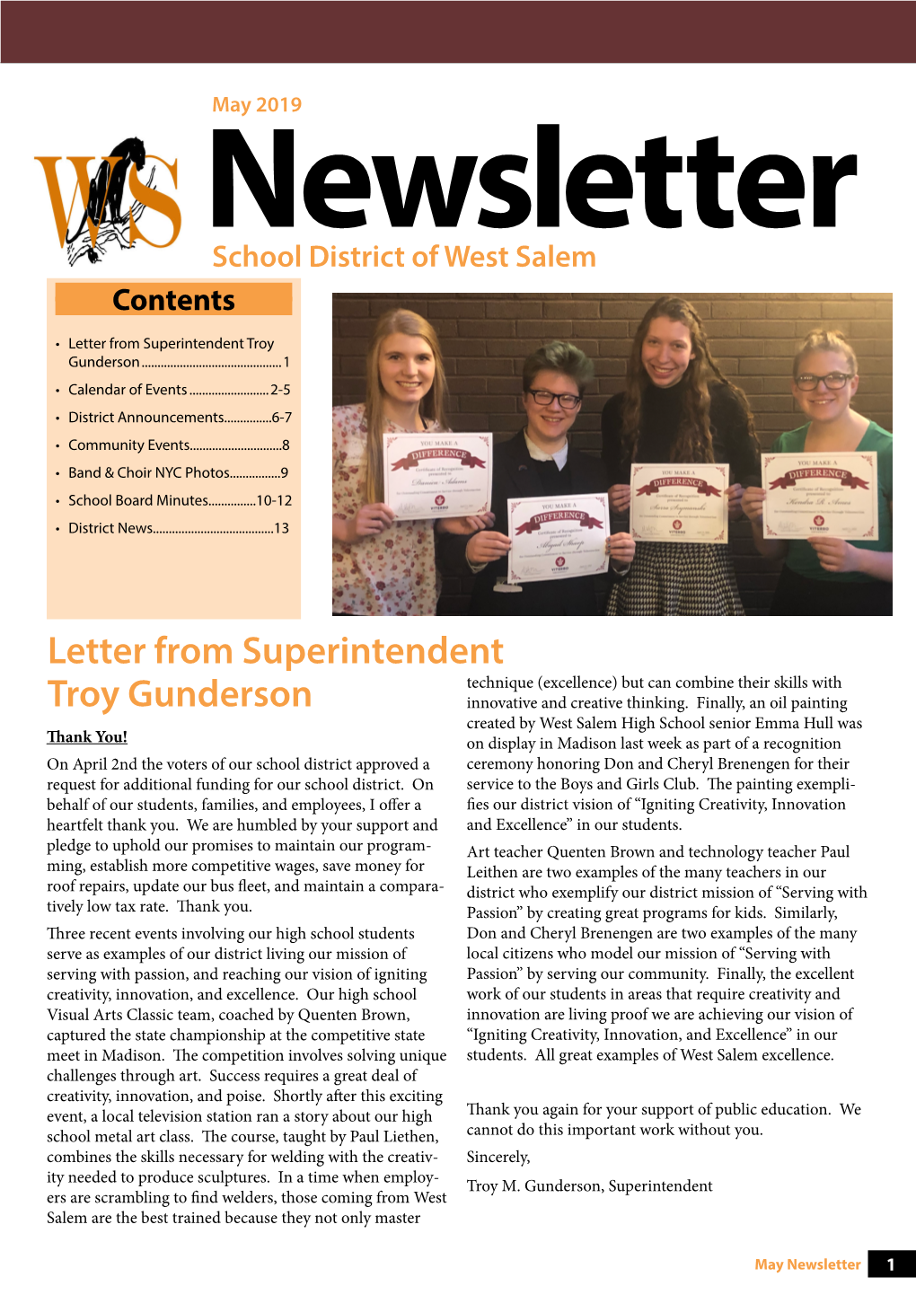 Letter from Superintendent Troy Gunderson