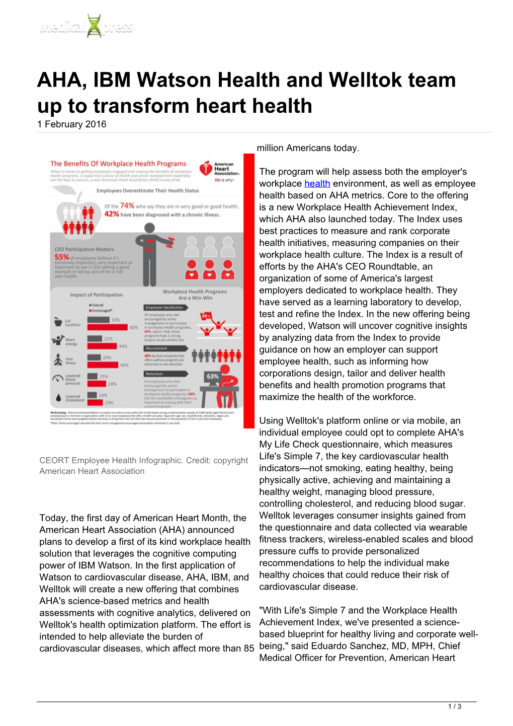 AHA, IBM Watson Health and Welltok Team up to Transform Heart Health 1 February 2016