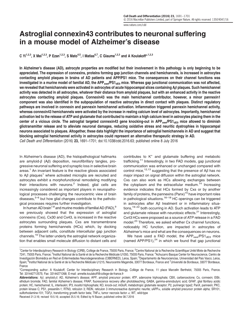 Astroglial Connexin43 Contributes to Neuronal Suffering in a Mouse Model of Alzheimer’S Disease