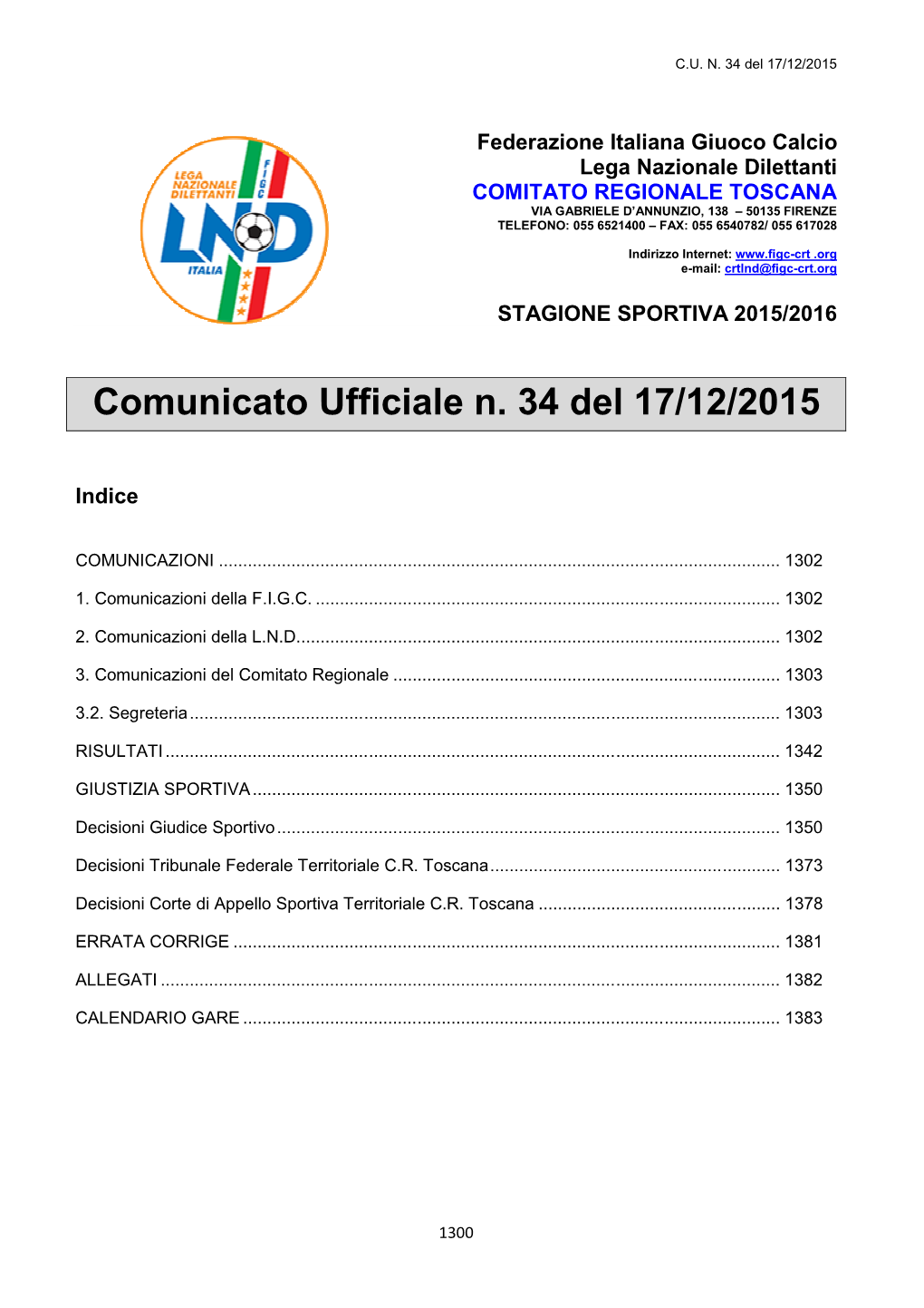 Comunicato Ufficiale N. 34 Del 17/12/2015