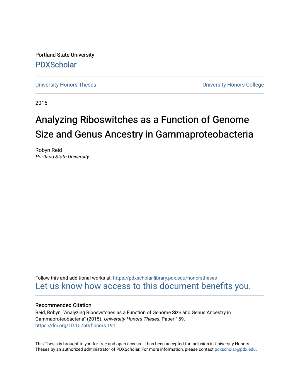 Analyzing Riboswitches As a Function of Genome Size and Genus Ancestry in Gammaproteobacteria