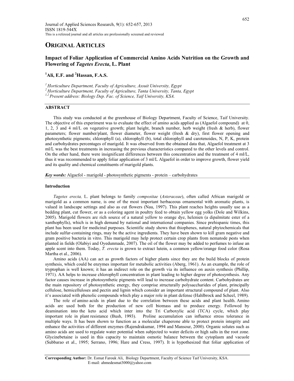 ORIGINAL ARTICLES Impact of Foliar Application of Commercial Amino Acids Nutrition on the Growth and Flowering of Tagetes Erecta