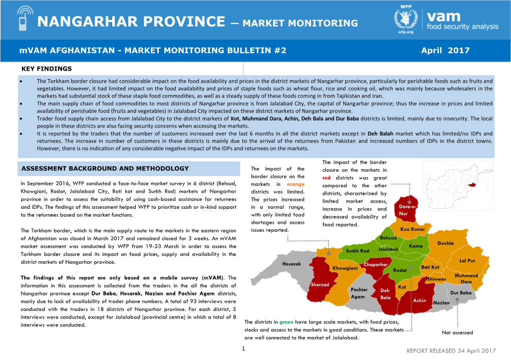 NANGARHAR PROVINCE — MARKET MONITORING Mvam AFGHANISTAN - MARKET MONITORING BULLETIN #2 April 2017