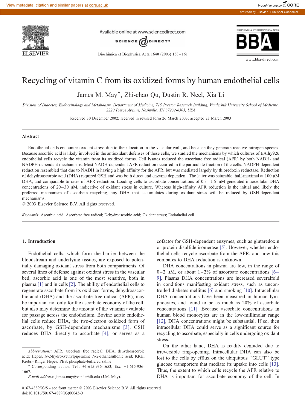 Recycling of Vitamin C from Its Oxidized Forms by Human Endothelial Cells