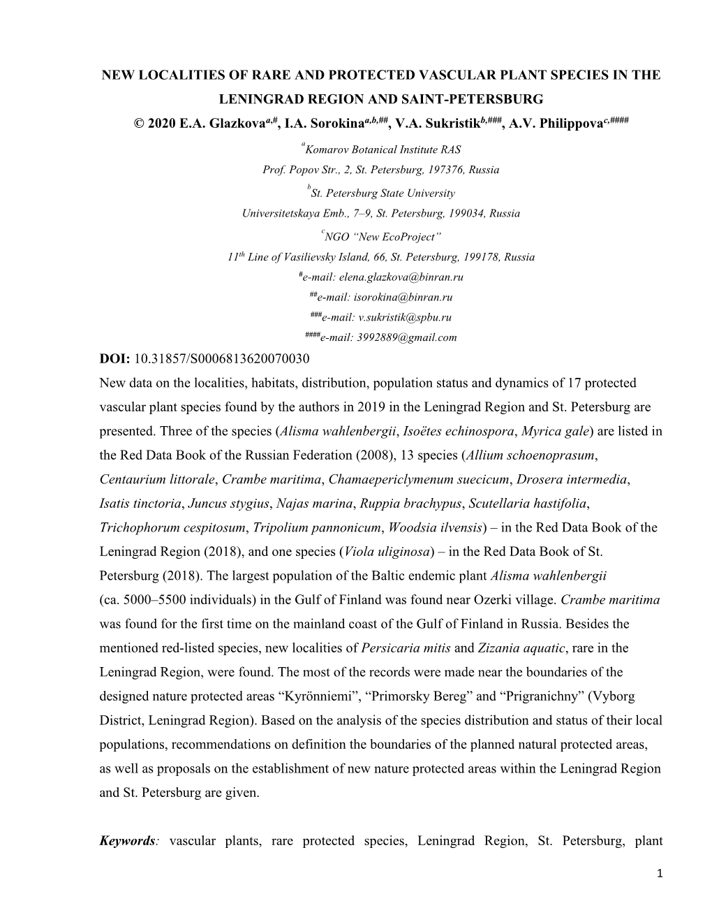 New Localities of Rare and Protected Vascular Plant Species in the Leningrad Region and Saint-Petersburg © 2020 E.A