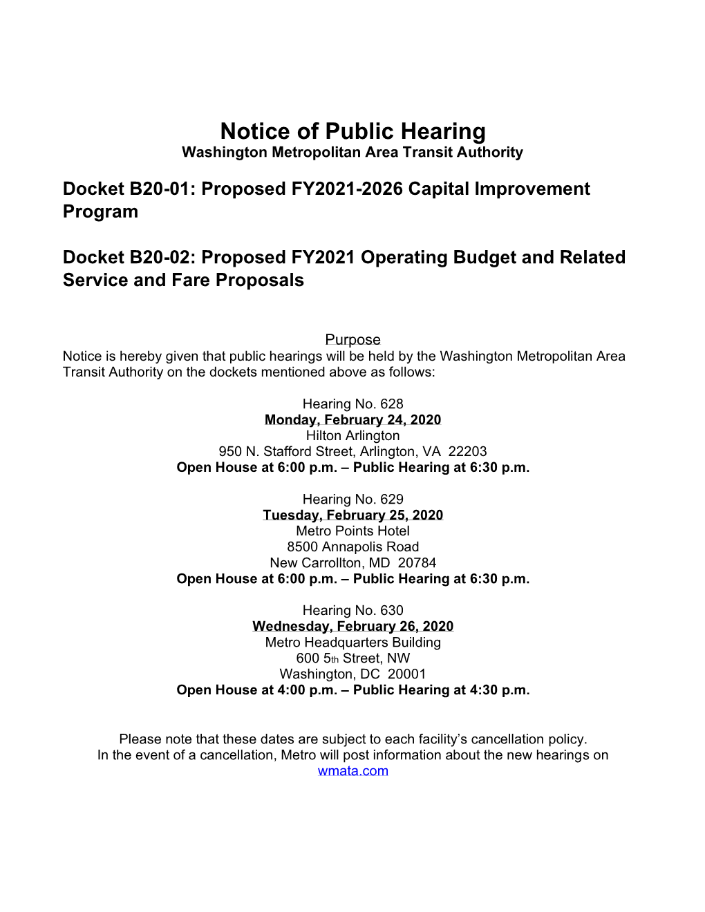 Notice of Metrobus Public Hearing