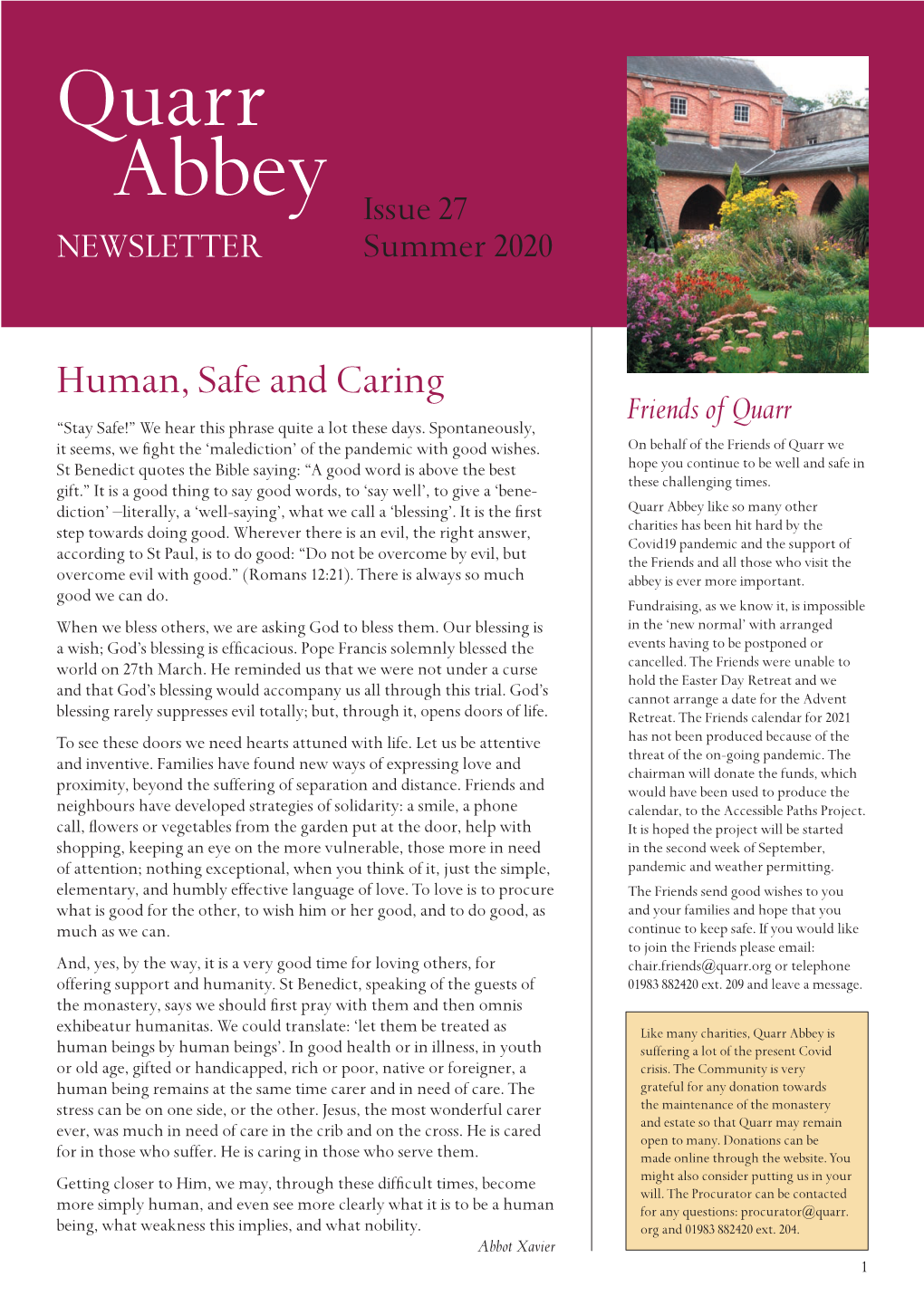 Quarr Abbey Newsletter Summer 2020.Indd