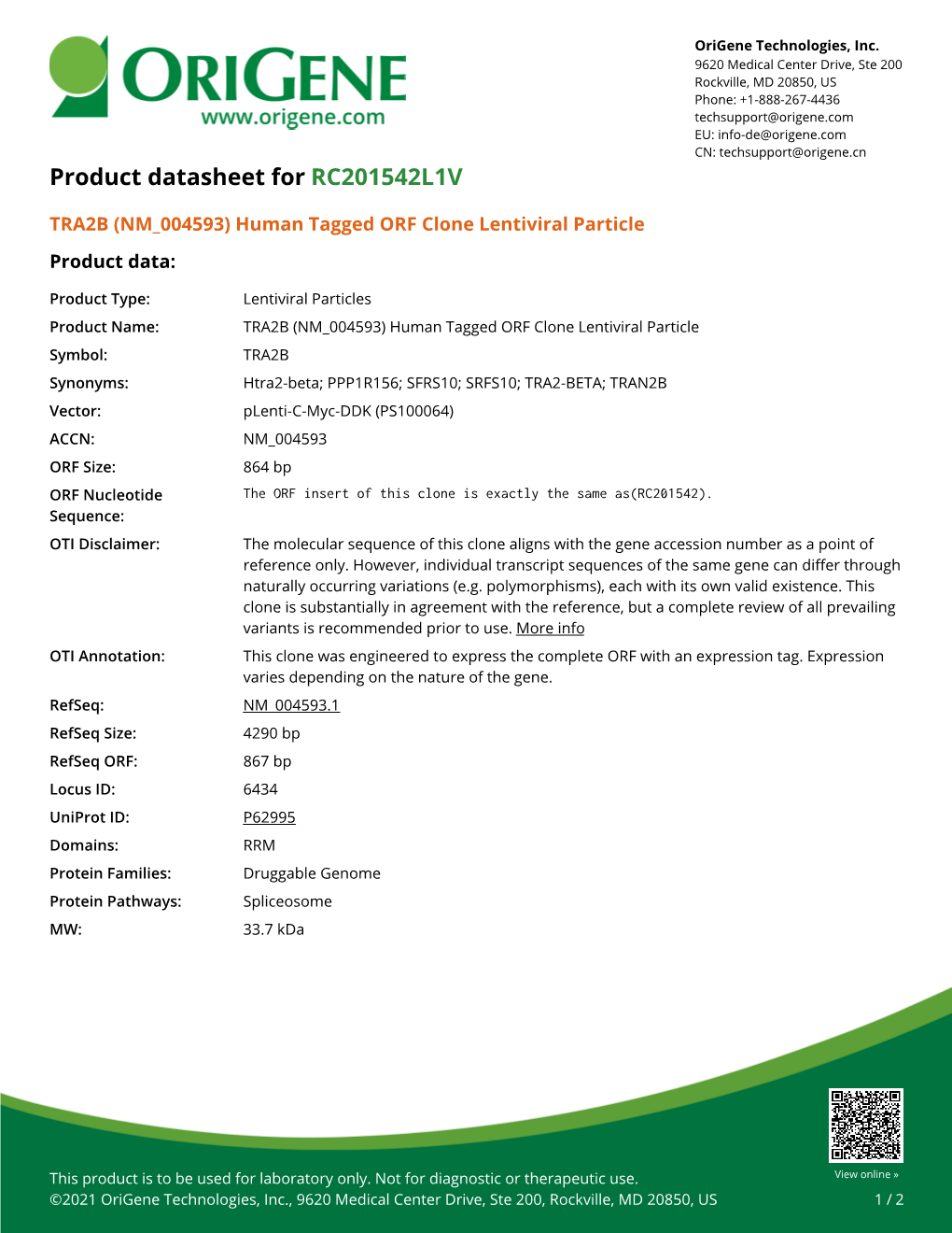 TRA2B (NM 004593) Human Tagged ORF Clone Lentiviral Particle Product Data