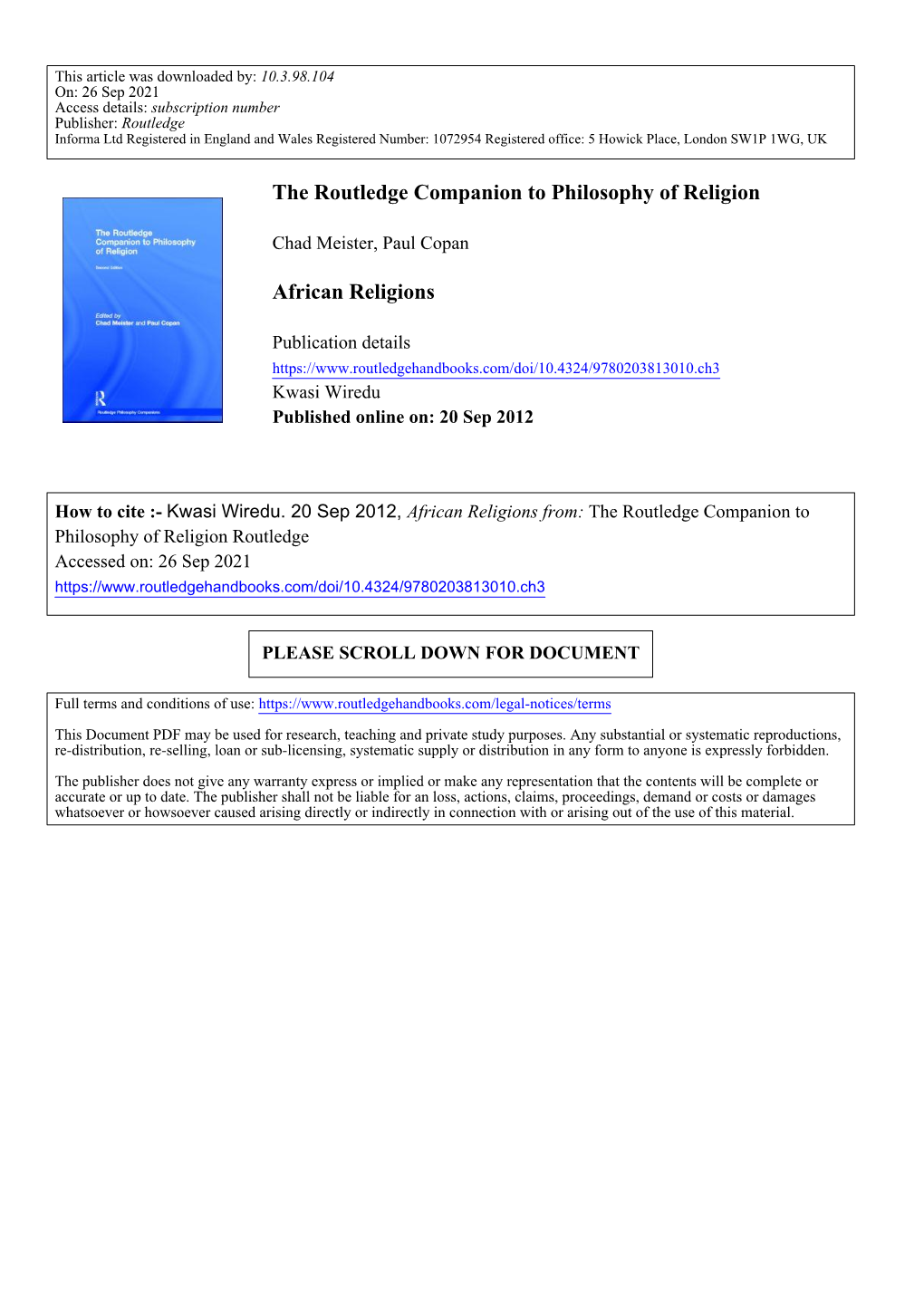 The Routledge Companion to Philosophy of Religion African