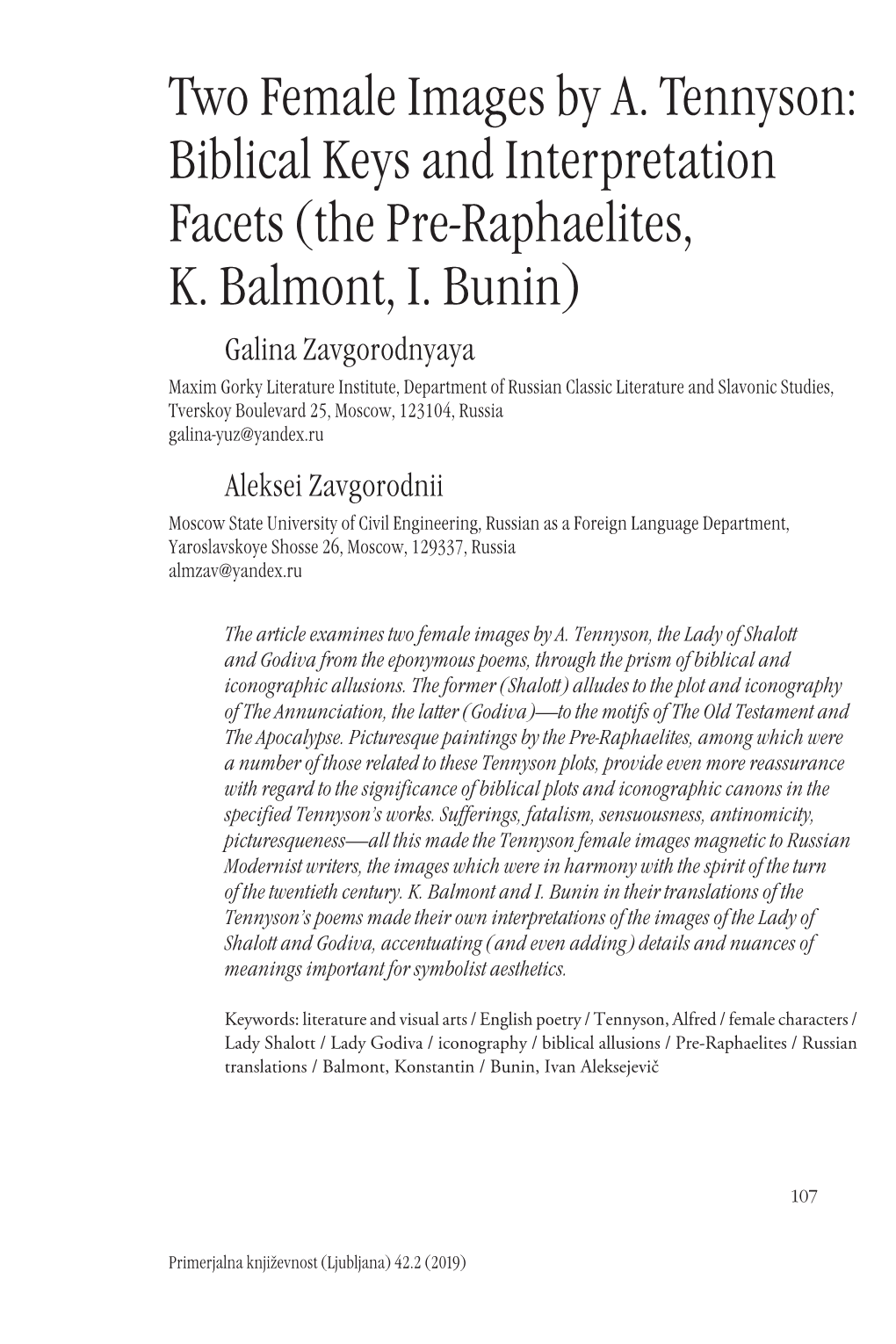 Two Female Images by A. Tennyson: Biblical Keys and Interpretation Facets (The Pre-Raphaelites, K